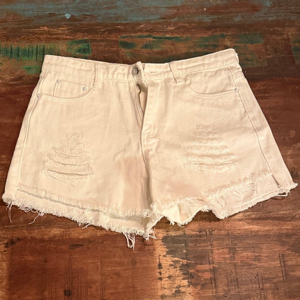 SHEIN Cream Distressed Jean Shorts